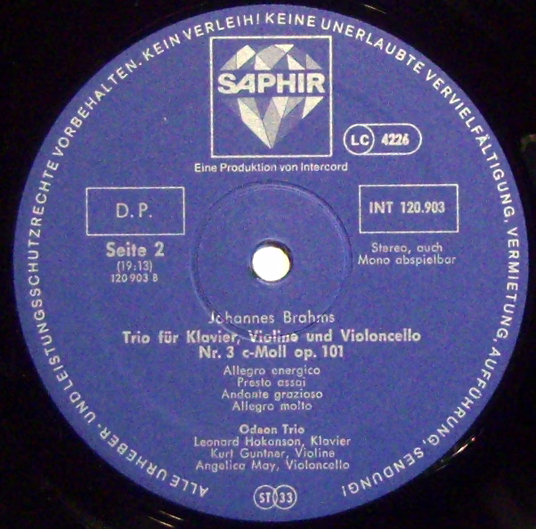 Saphir INT 120.903 - Johannes Brahms, Odeon Trio - Klaviertrios - Image 3