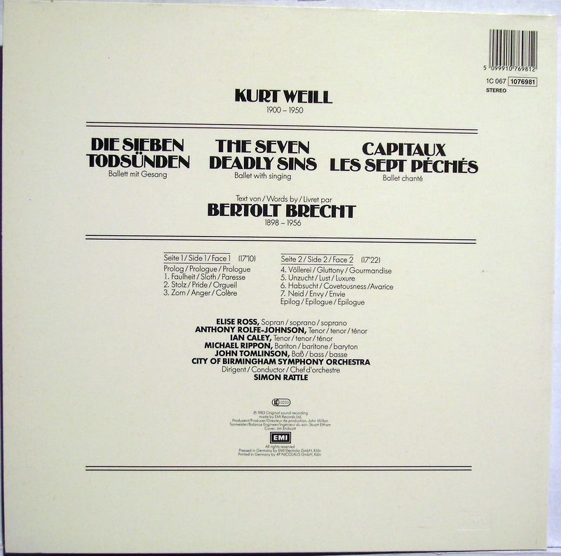 His Master's Voice ASD 4402 - Kurt Weill, Elise Ross, Sir Simon - Image 2