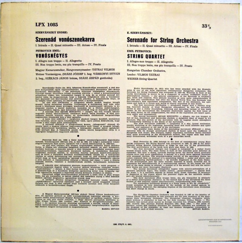 Qualiton LPX 1085 - Endre Szervánszky, Emil Petrovics, Vilmos Tá - Image 3