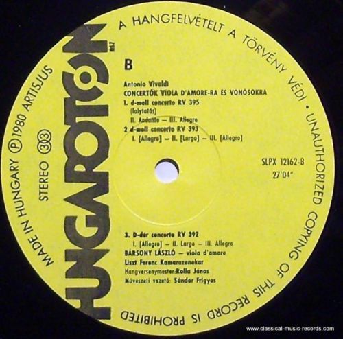 Hungaroton SLPX 12162 - Antonio Vivaldi, László Bársony, Liszt F - Image 3