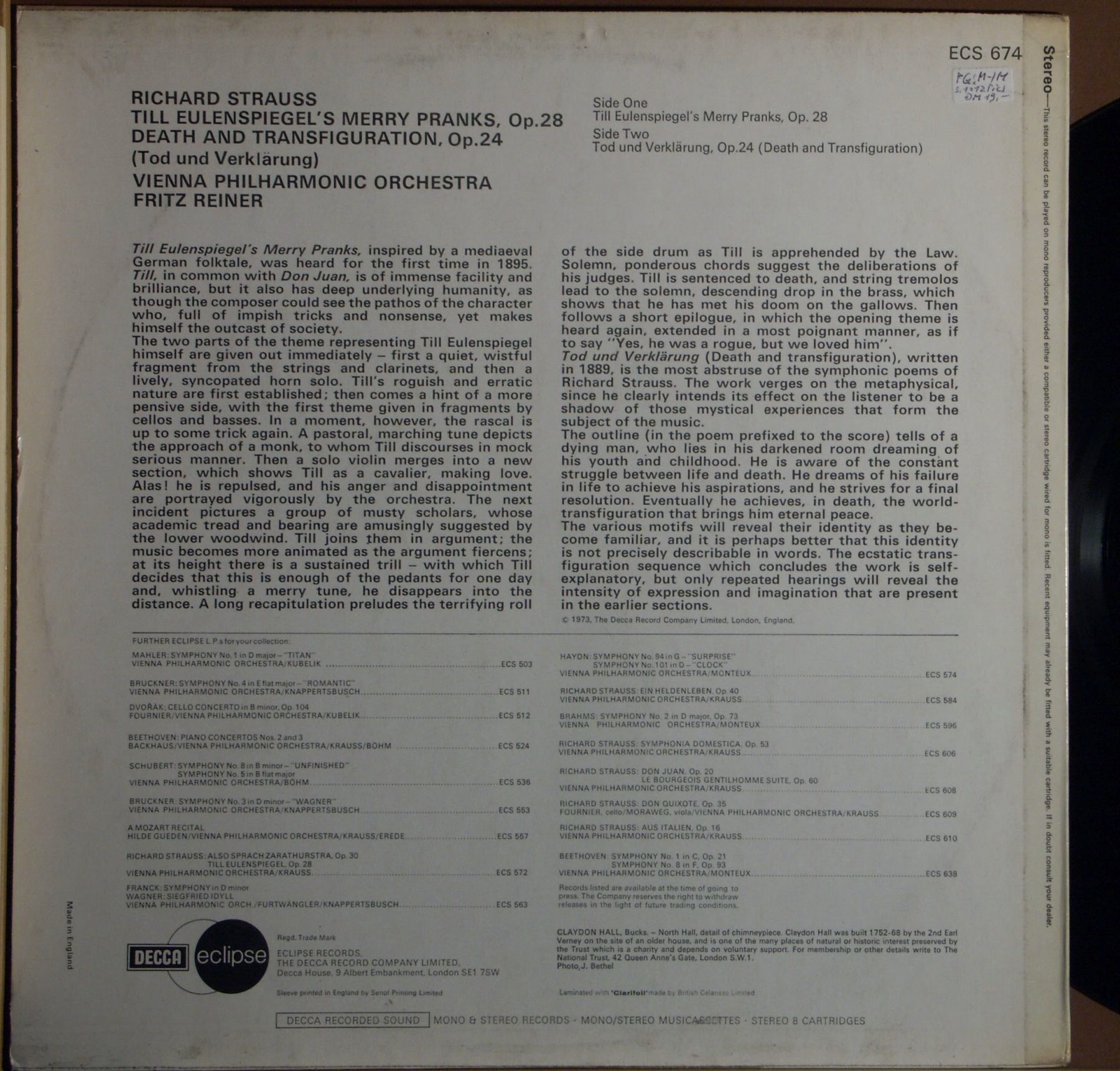 DECCA ECS 674 - Richard Strauss, Wiener Philharmoniker, Fritz Re - Image 2