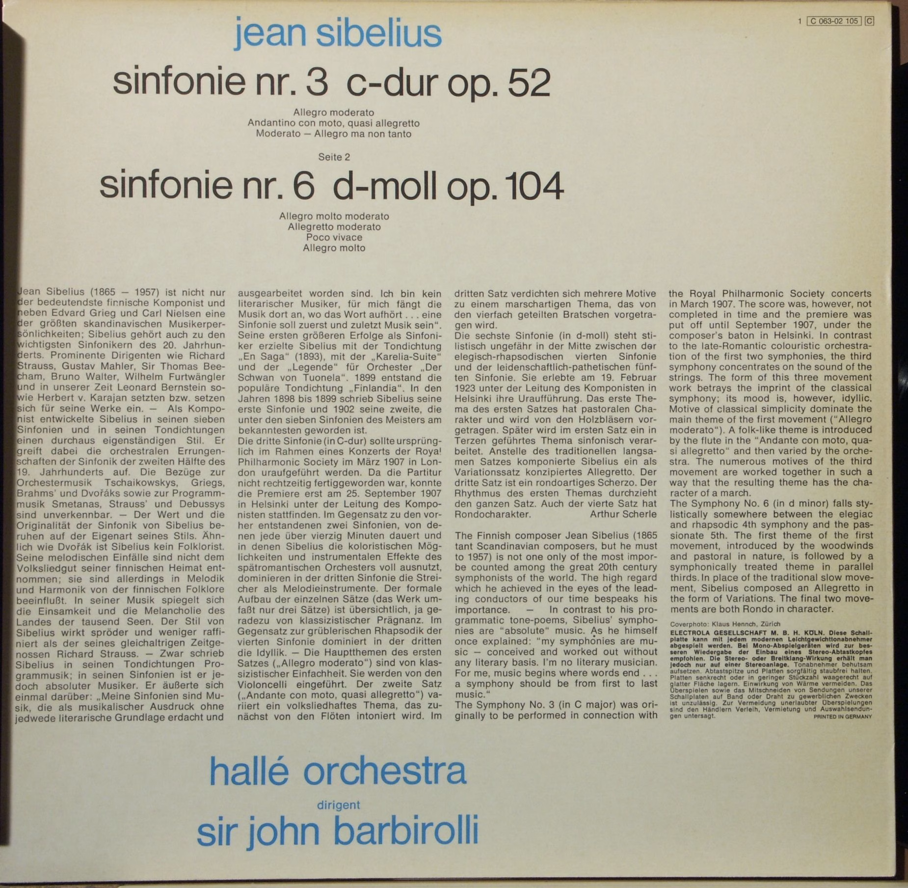 His Master's Voice 1C 063-02 105 - Jean Sibelius, Hallé Orchestr - Image 2