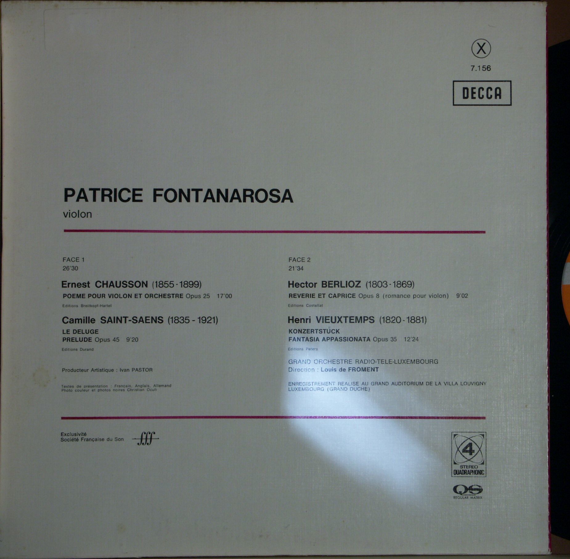 DECCA 7.156 - Ernest Chausson, Camille Saint-Saëns, Hector Berli - Image 2