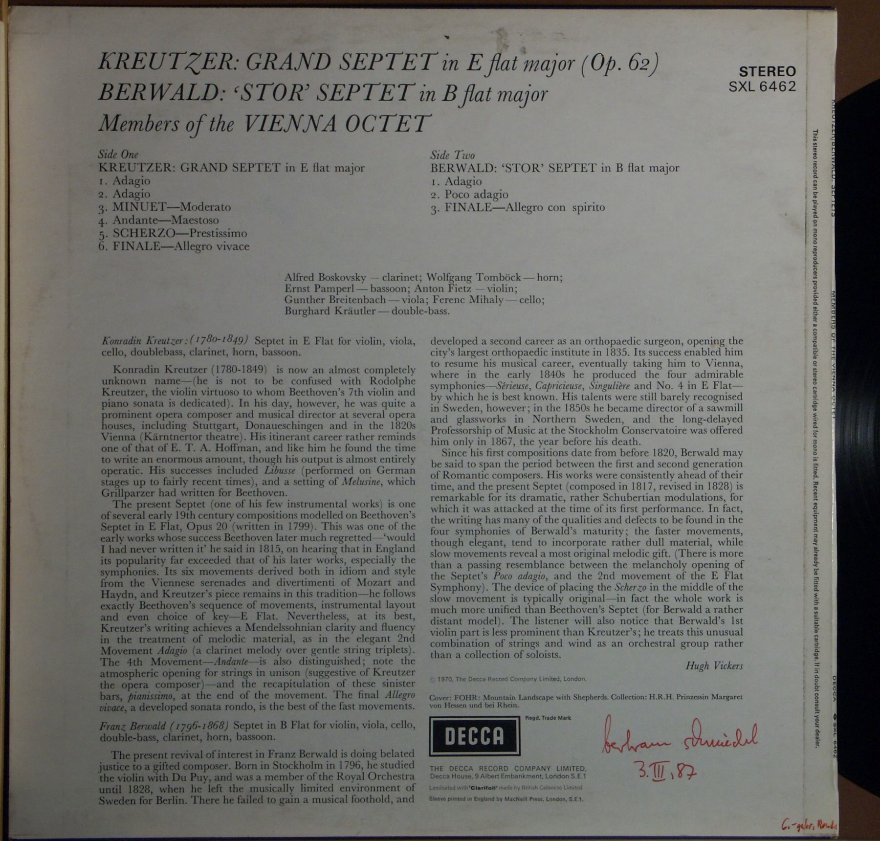 DECCA SXL 6462 - Konradin Kreutzer, Franz Berwald, Mitglieder De - Image 2