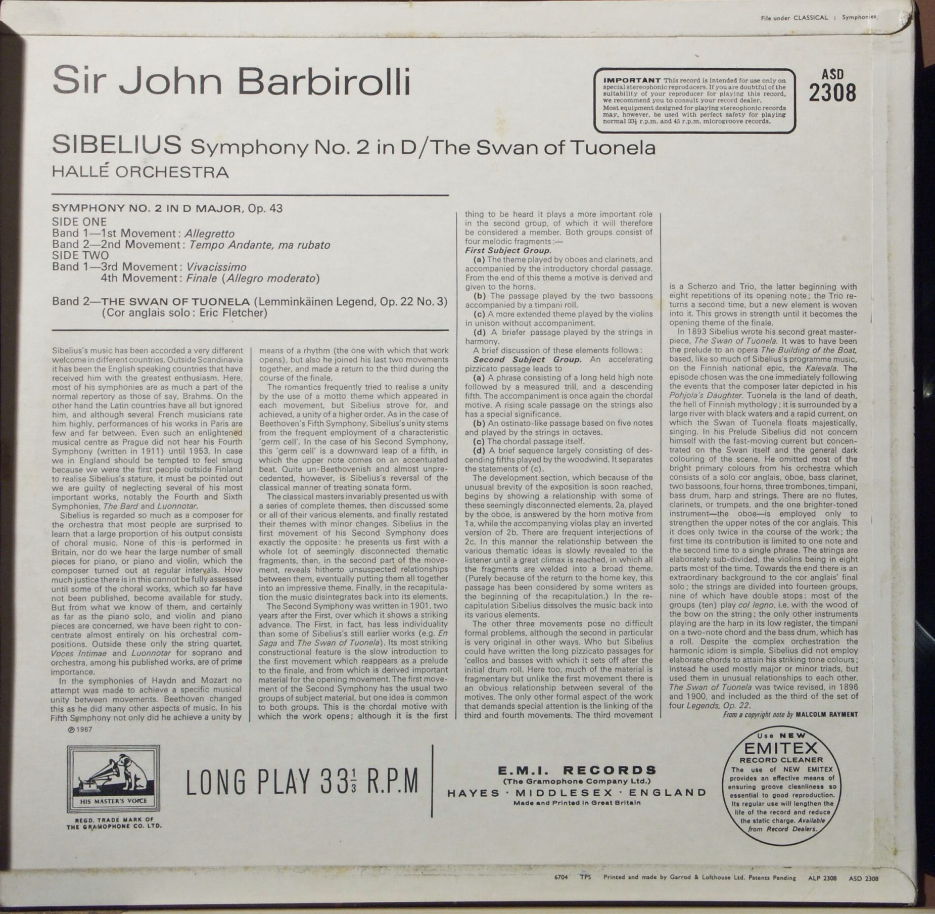 His Master's Voice ASD 2308 - Jean Sibelius, Sir John Barbirolli - Image 2