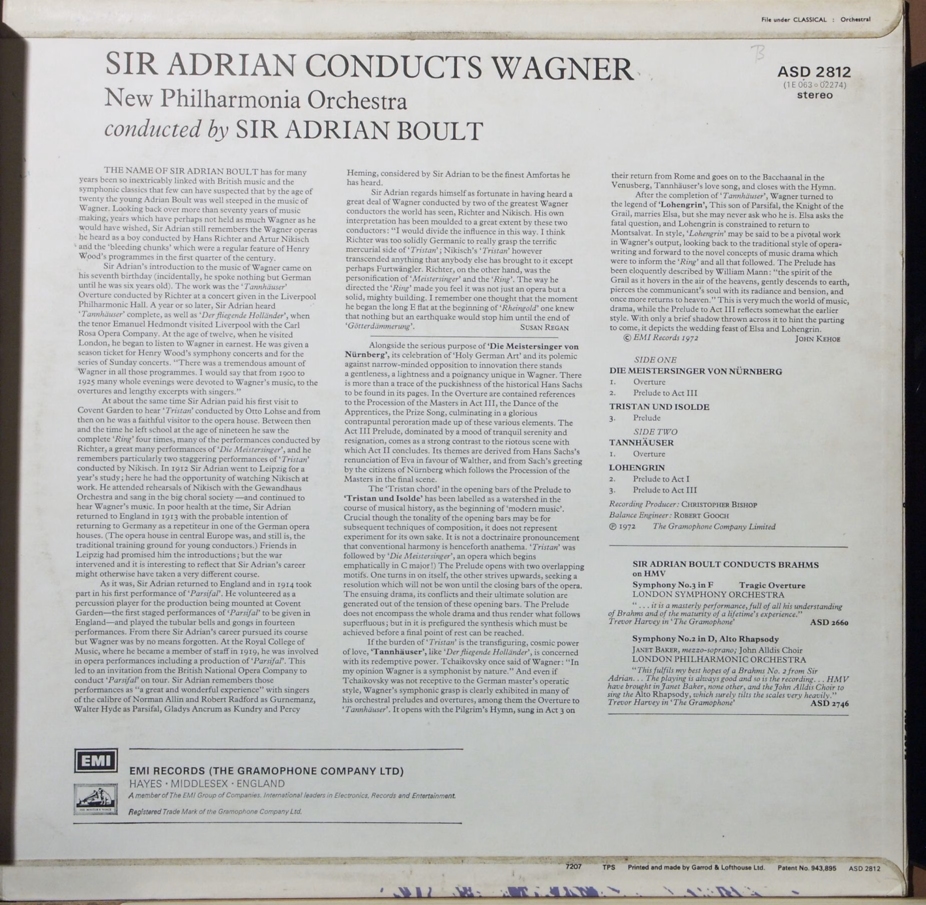 His Master's Voice ASD 2812 - Richard Wagner, Sir Adrian Boult, - Image 2