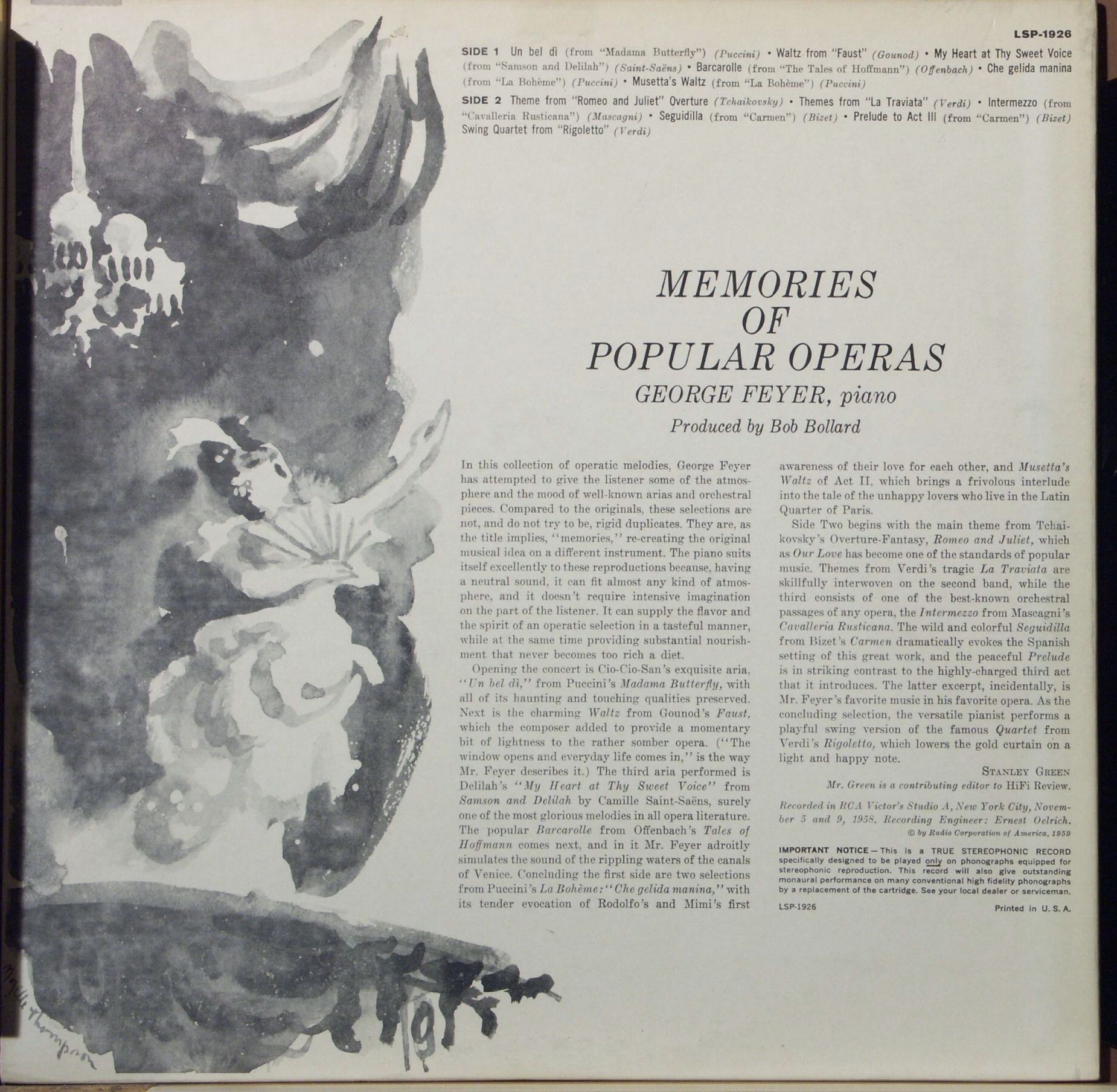 RCA Victor LSP-1926 - George Feyer - Memories Of Popular Operas - Image 2