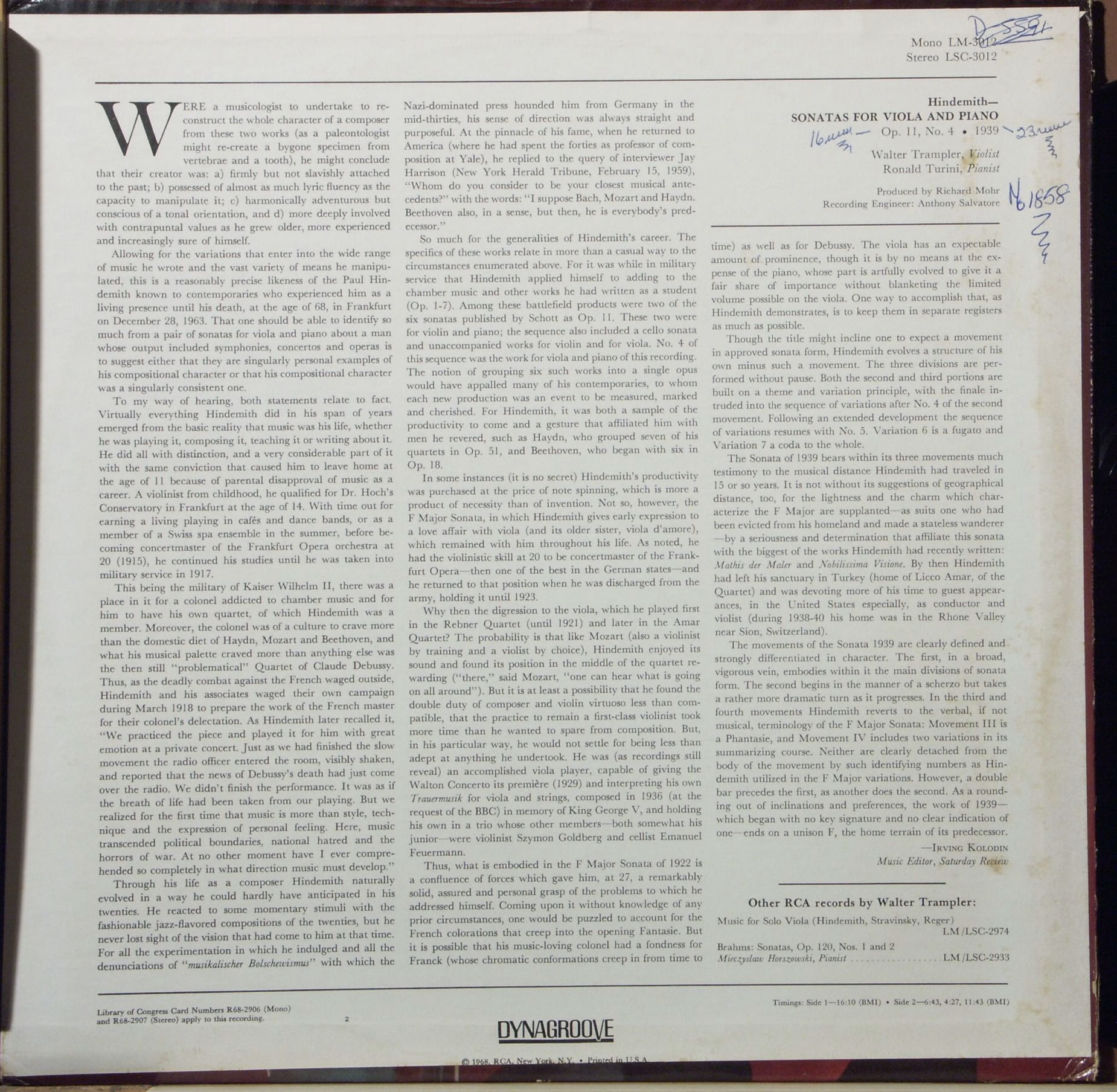 RCA Victor Red Seal LSC-3012 - Walter Trampler, Ronald Turini, P - Image 2