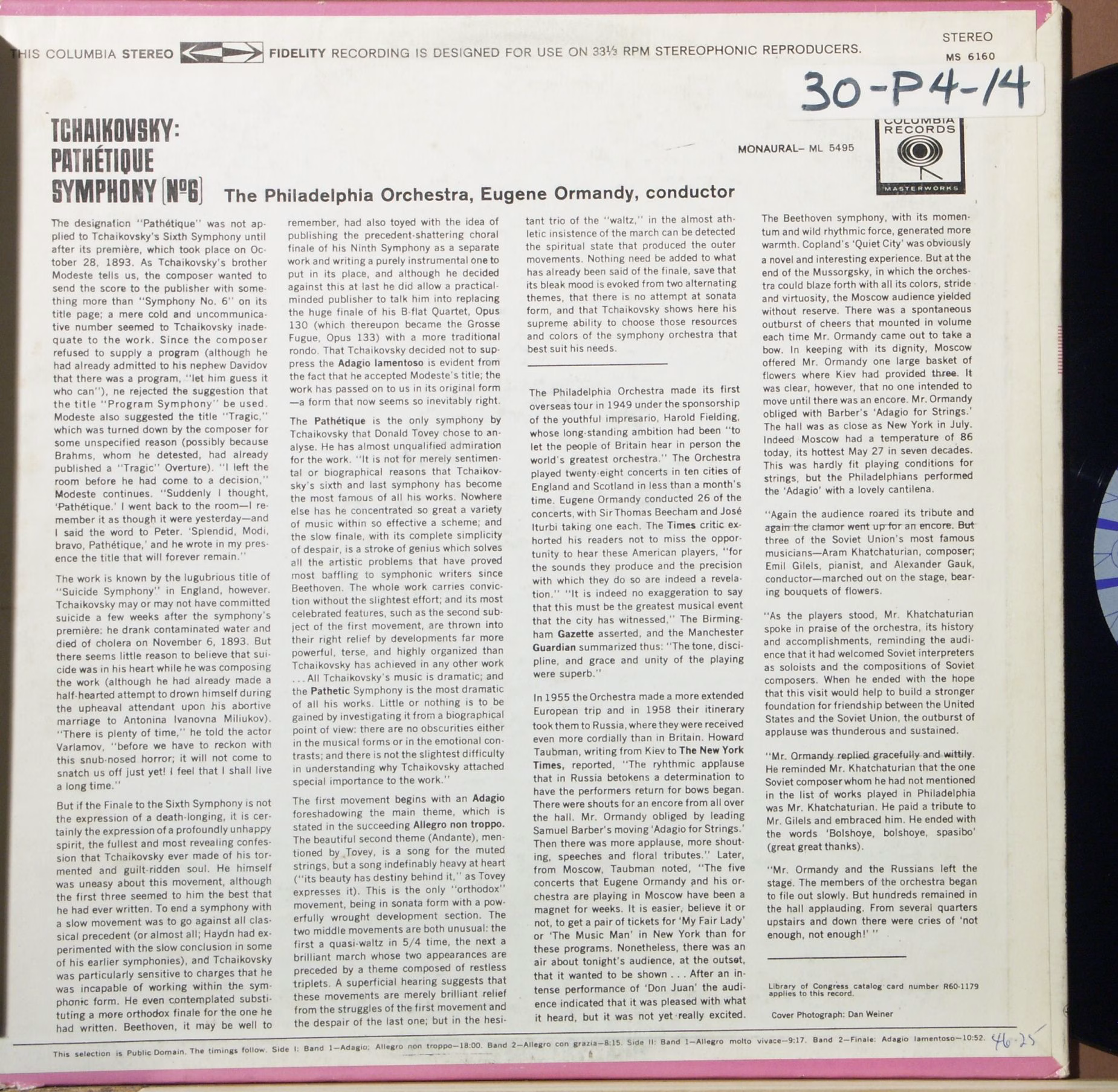 Columbia Masterworks MS 6160 - Pyotr Ilyich Tchaikovsky, The Phi - Image 2