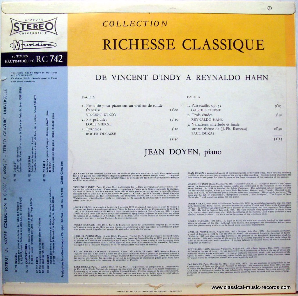 Musidisc RC 742 - Jean Doyen - De Vincent D'Indy A Reynaldo Hahn - Image 2