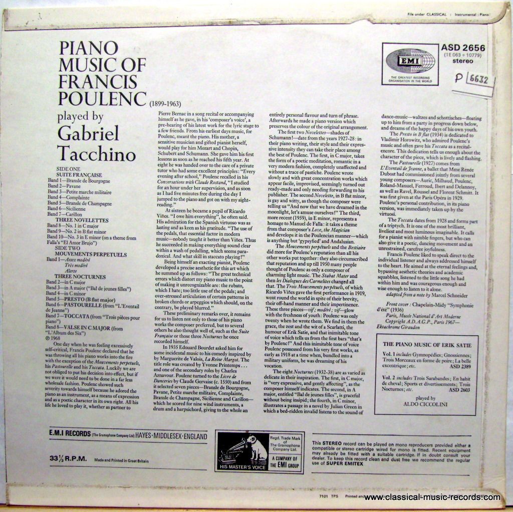 His Master's Voice ASD 2656 - Francis Poulenc, Gabriel Tacchino - Image 2