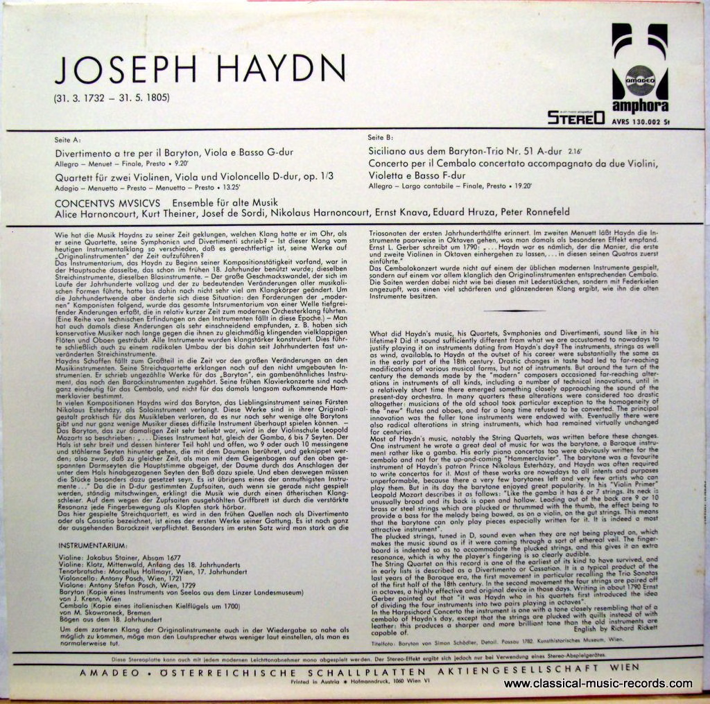 Amadeo AVRS 130.002 ST - Joseph Haydn, Concentus Musicus Wien - - Image 2