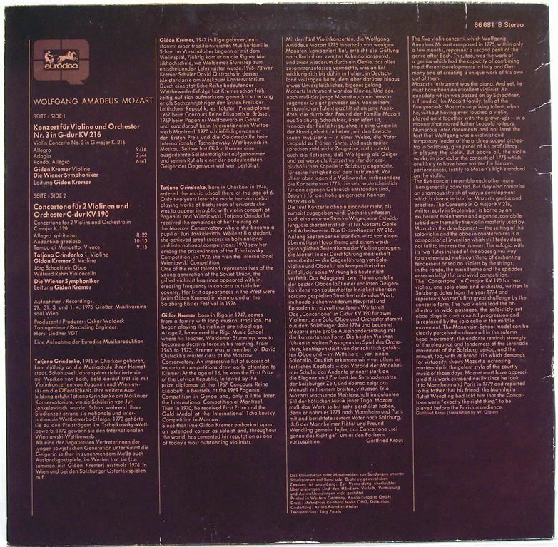 Eurodisc 66 681 8 - Wolfgang Amadeus Mozart, Gidon Kremer, Tatia - Image 2