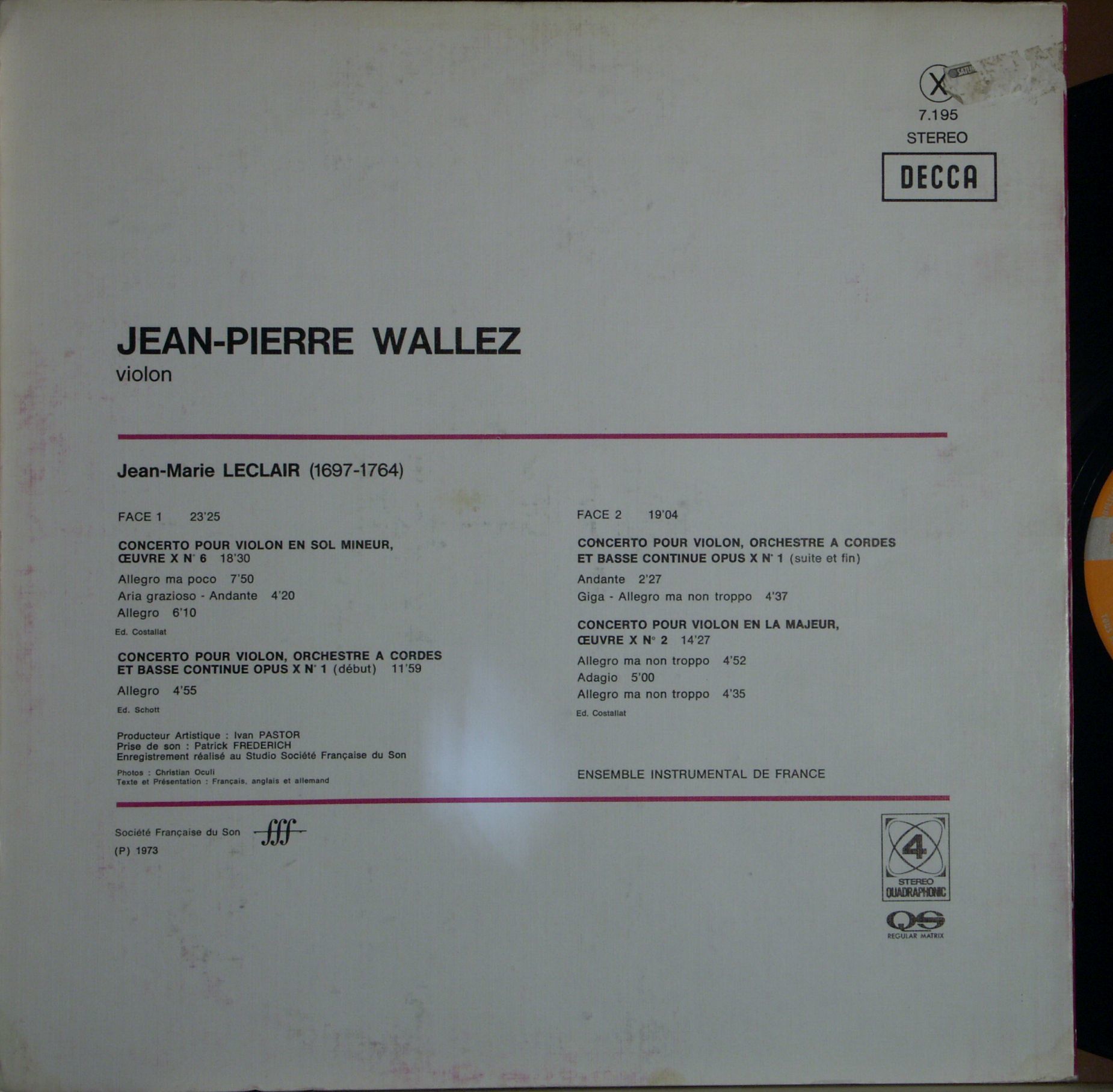 DECCA 7195 - Jean-Pierre Wallez, Jean-Marie Leclair - Trois Conc - Image 2