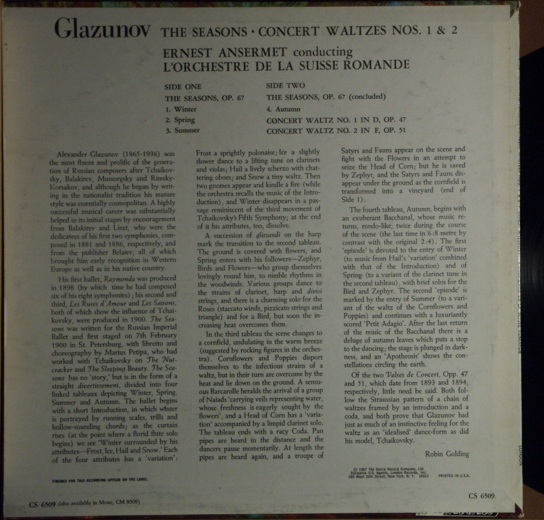 London Records CS 6509 - Ernest Ansermet, Alexander Glazunov, L' - Image 2