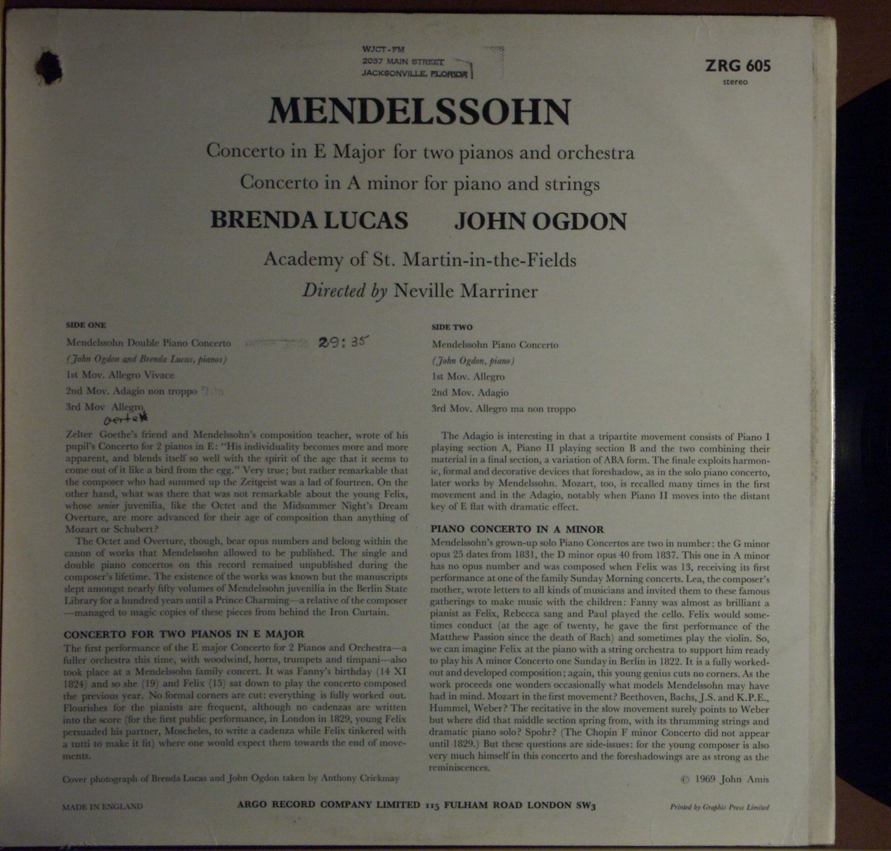 Argo ZRG 605 - Felix Mendelssohn-Bartholdy, Brenda Lucas, John O - Image 2