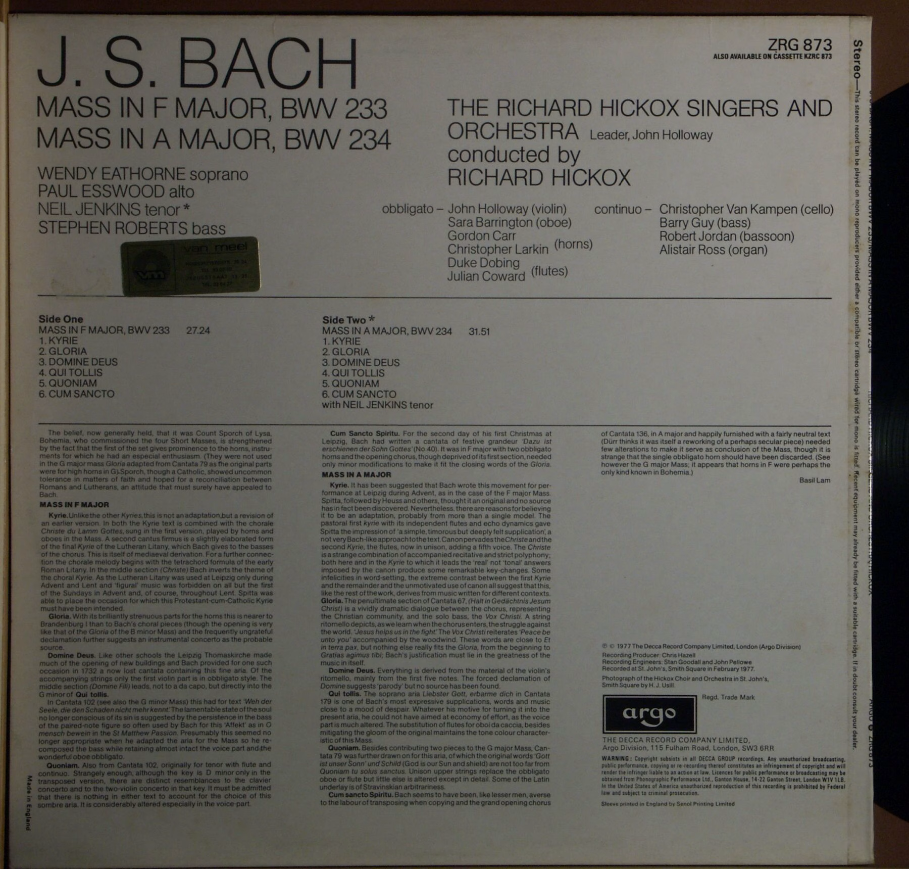 Argo ZRG 873 - Johann Sebastian Bach, The Richard Hickox Singers - Image 2