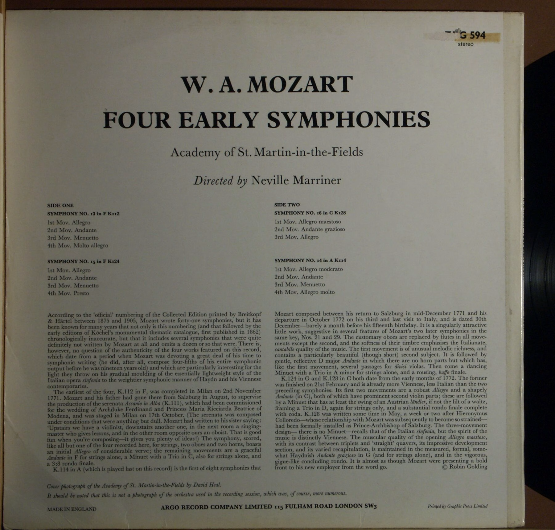 Argo ZRG 594 - Wolfgang Amadeus Mozart, The Academy Of St. Marti - Image 2
