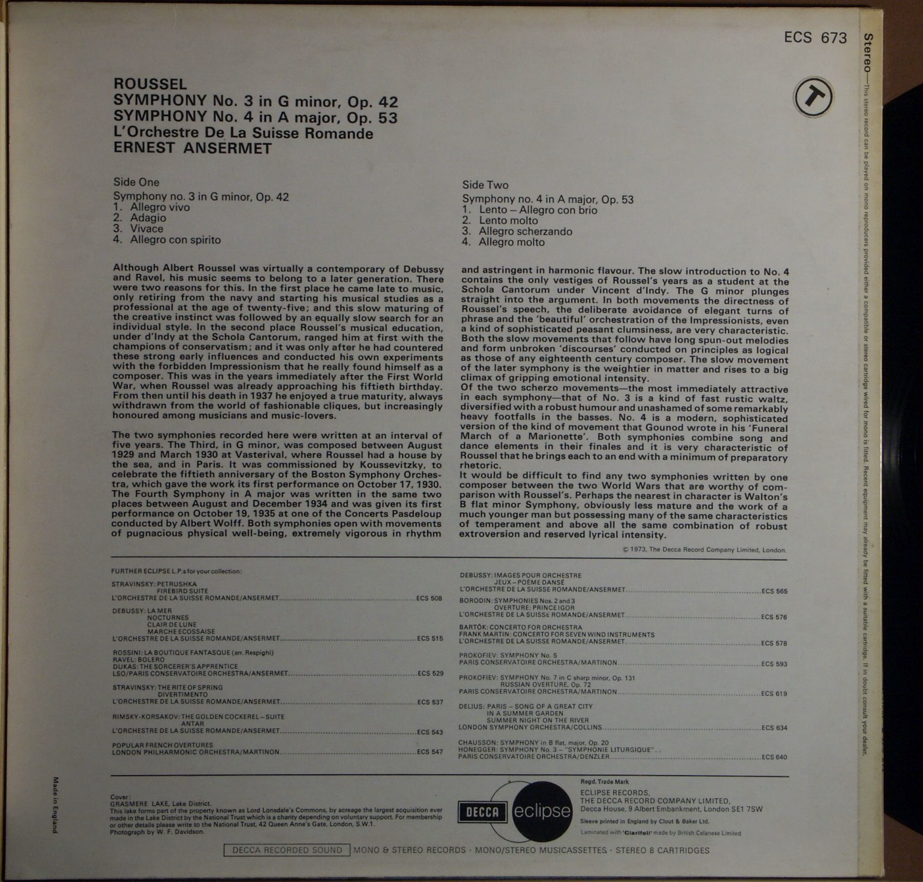 DECCA ECS 673 - Albert Roussel, L'Orchestre De La Suisse Romande - Image 2