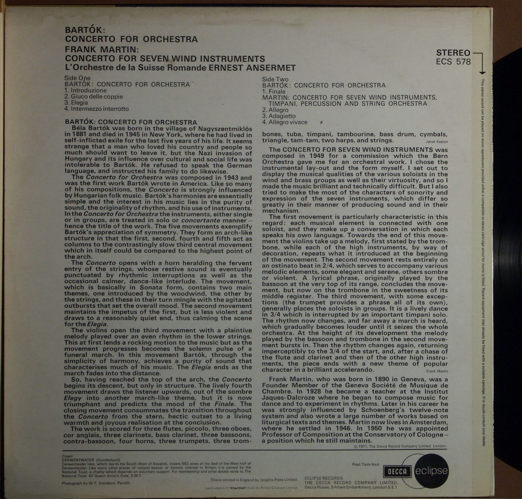 DECCA ECS 578 - Béla Bartók, Frank Martin (3), L'Orchestre De La - Image 2