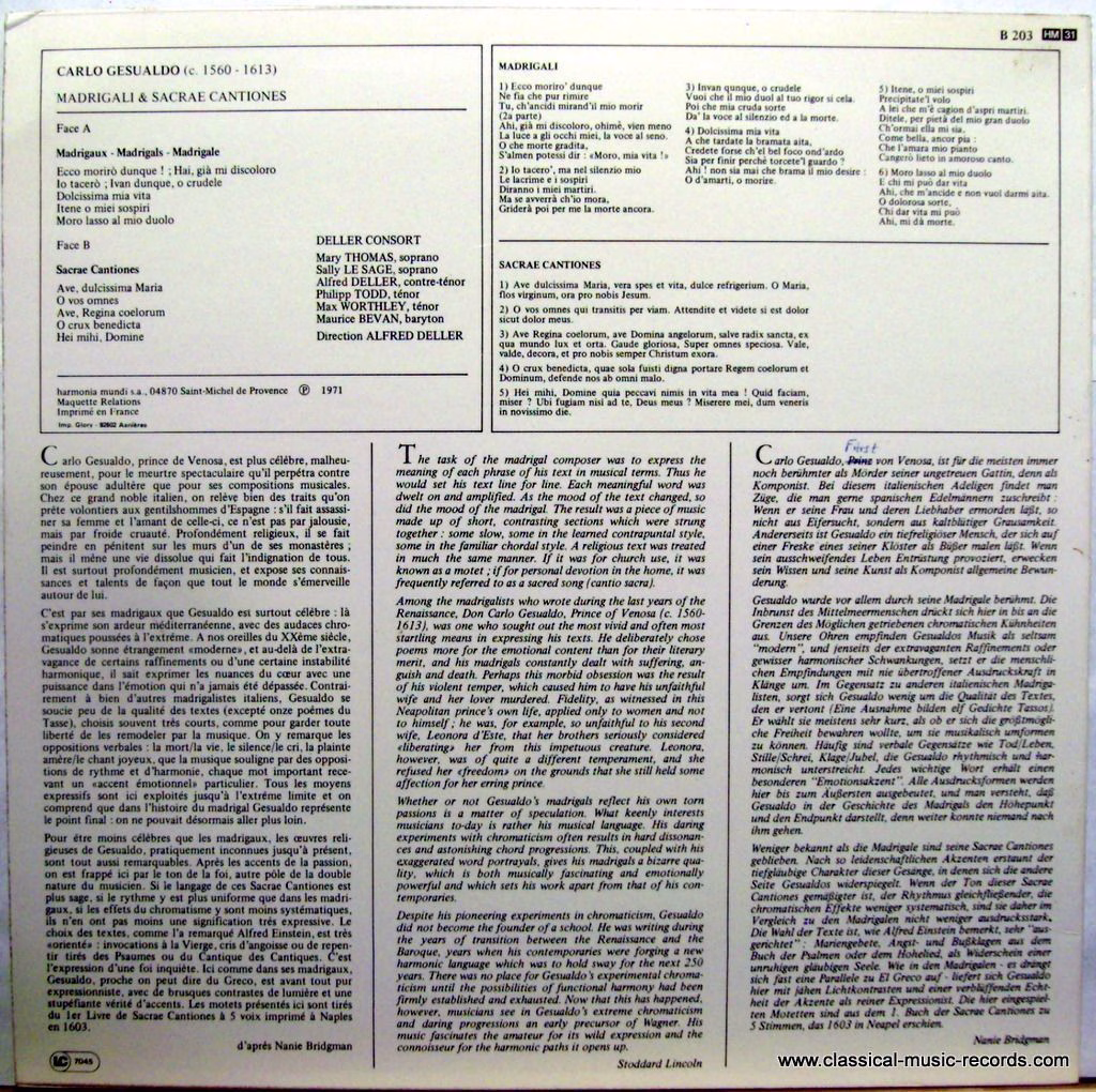 harmonia mundi France HM B 203 - Carlo Gesualdo, Deller Consort, - Image 2
