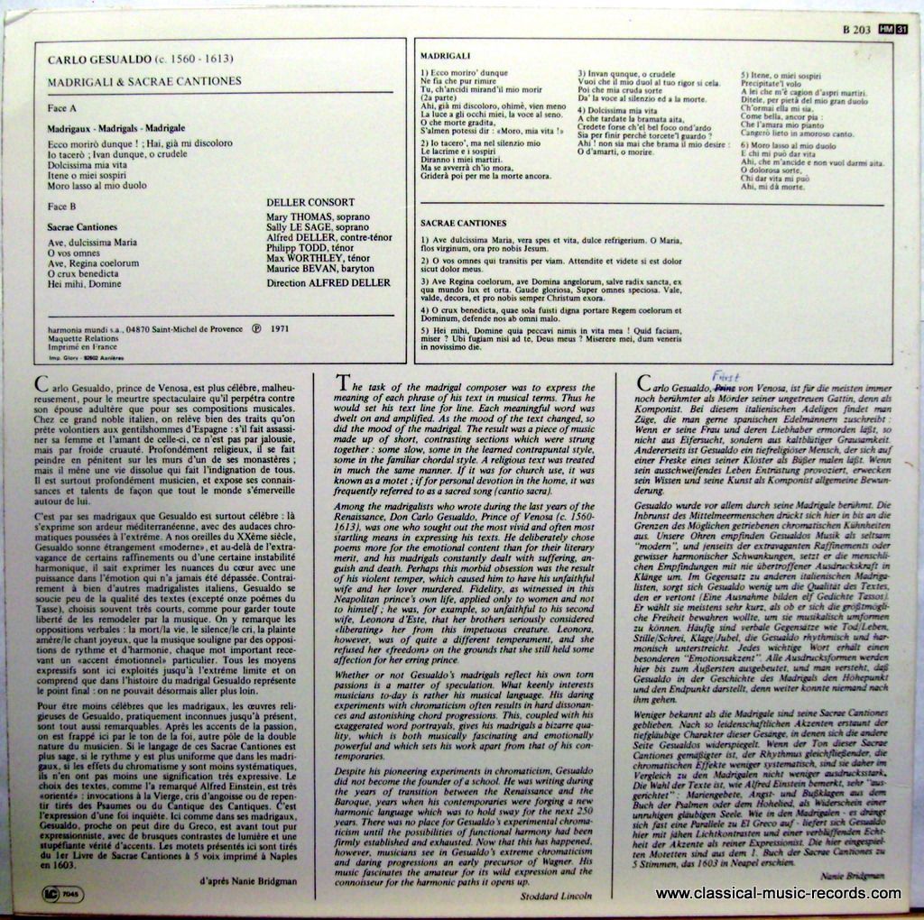 harmonia mundi France HM B 203 - Carlo Gesualdo, Deller Consort, - Image 2