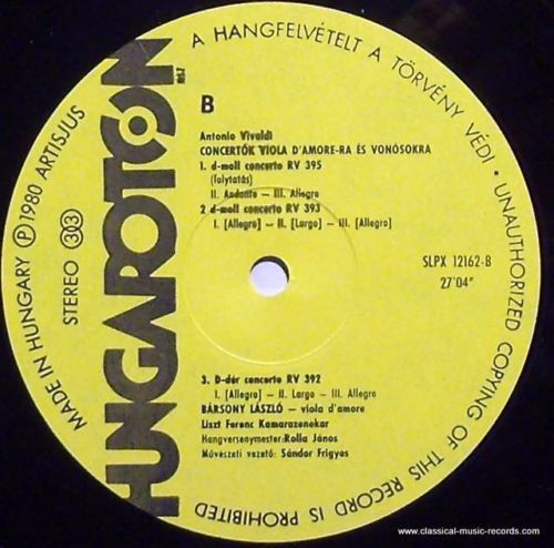 Hungaroton SLPX 12162 - Antonio Vivaldi, László Bársony, Liszt F - Image 3