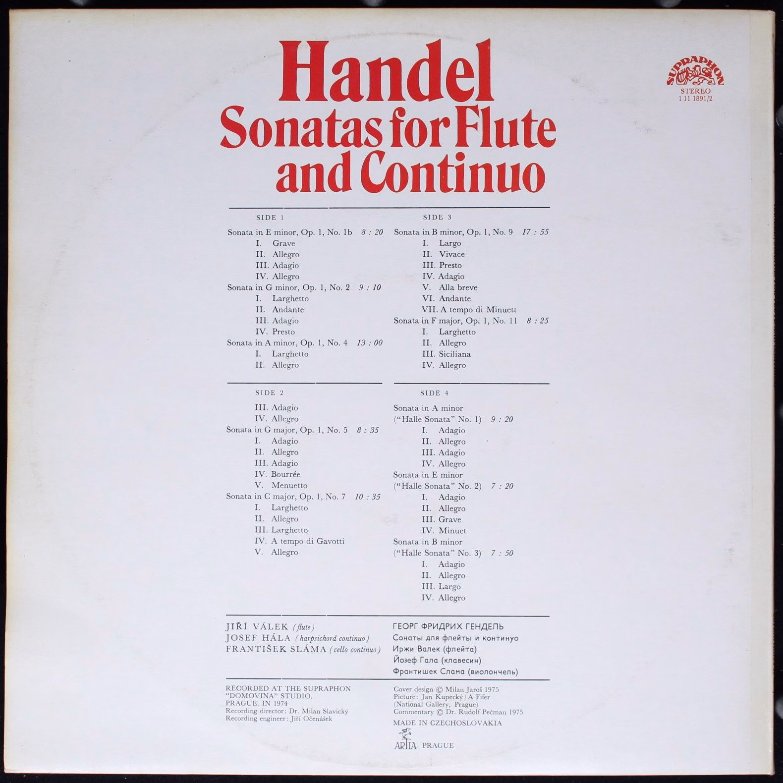 Supraphon 1 11 1891/2 - Georg Friedrich Händel, Jiří Válek, Jose - Image 2