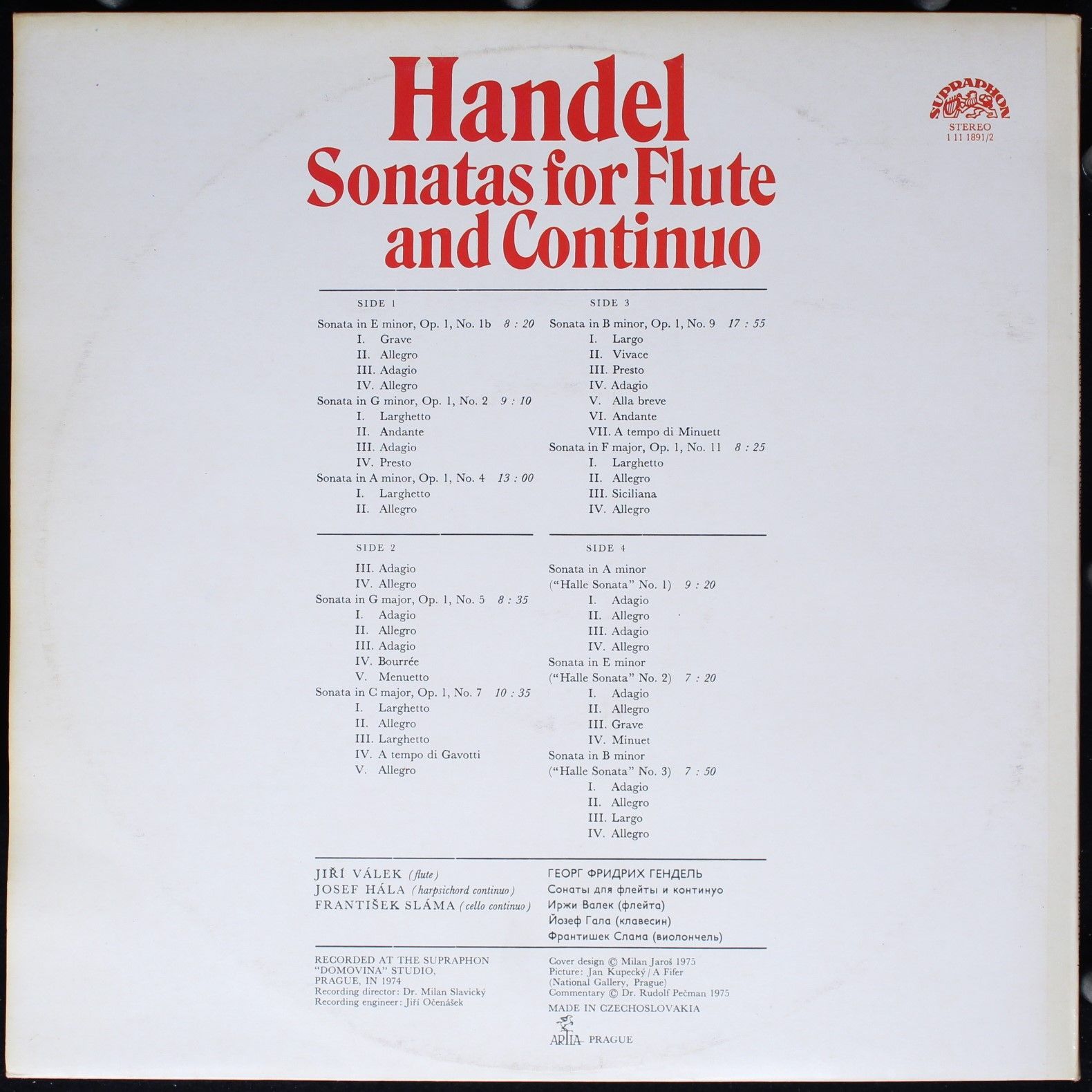 Supraphon 1 11 1891/2 - Georg Friedrich Händel, Jiří Válek, Jose - Image 2