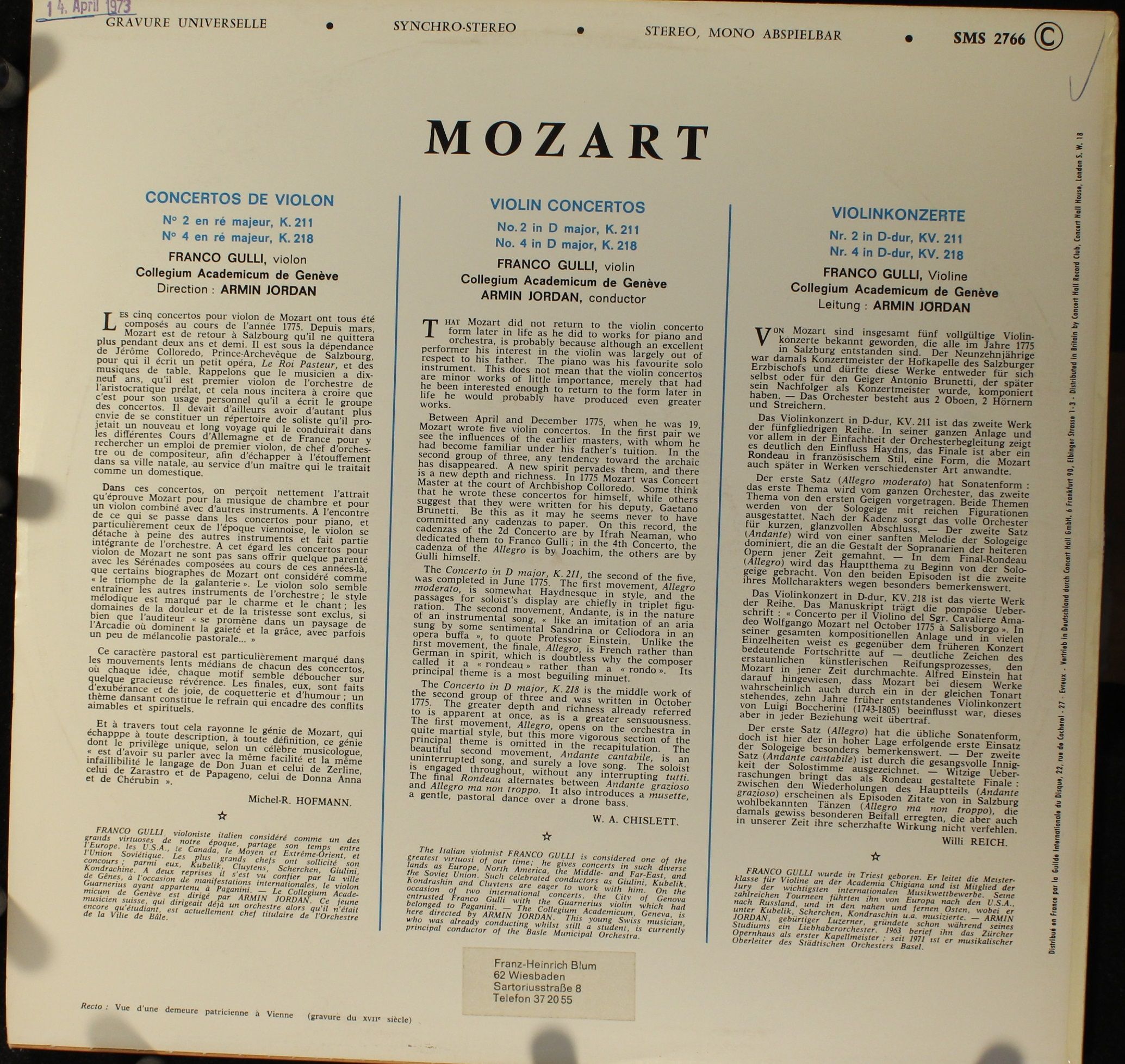 Concert Hall SMS 2766 - Wolfgang Amadeus Mozart, Franco Gulli, C - Image 2