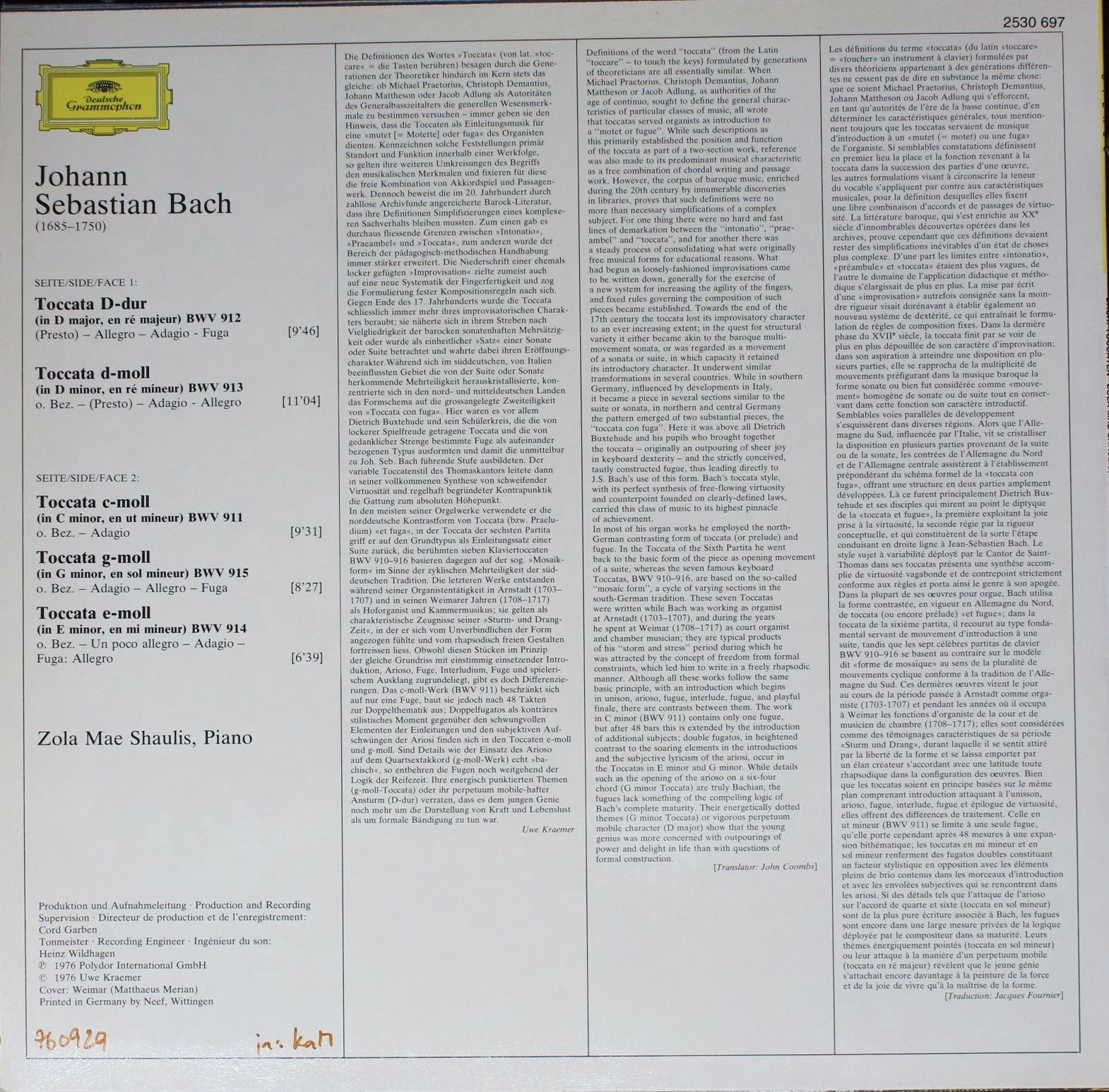 Deutsche Grammophon 2530 697 - Zola Shaulis, Johann Sebastian Ba - Image 2