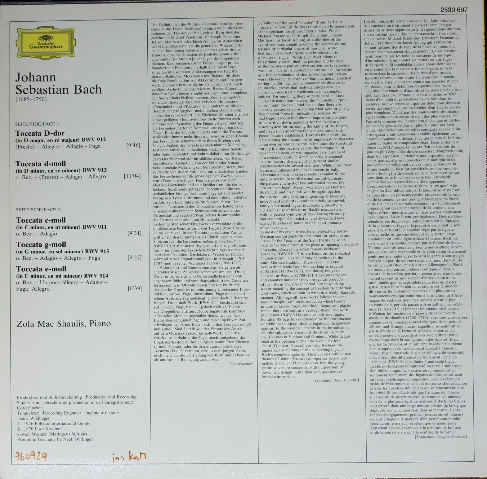 Deutsche Grammophon 2530 697 - Zola Shaulis, Johann Sebastian Ba - Image 2