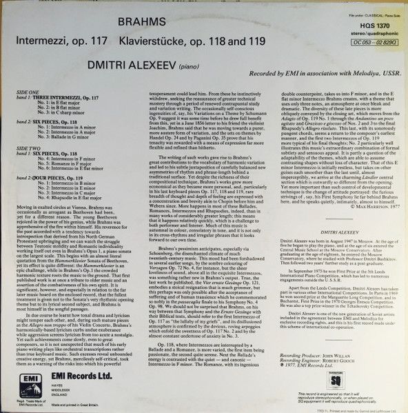 His Master's Voice HQS 1370 - Johannes Brahms, Dmitri Alexeev - - Image 2