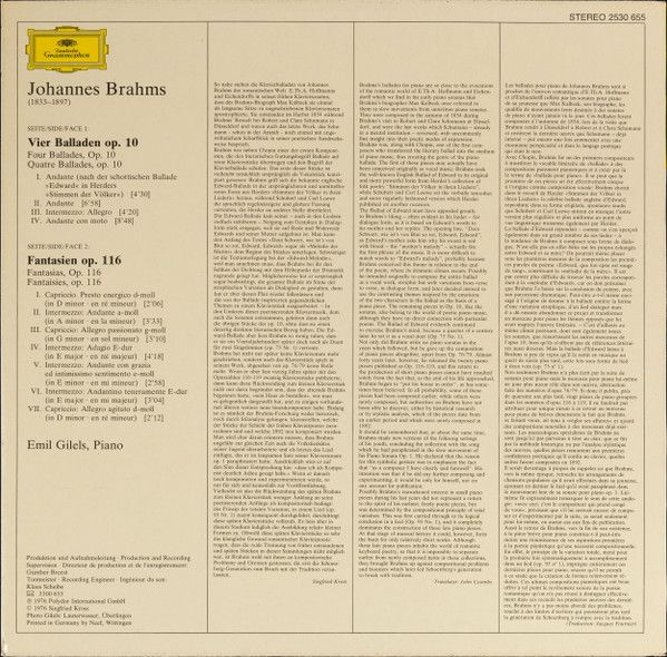Deutsche Grammophon 2530 655 - Johannes Brahms, Emil Gilels - Ba - Image 2