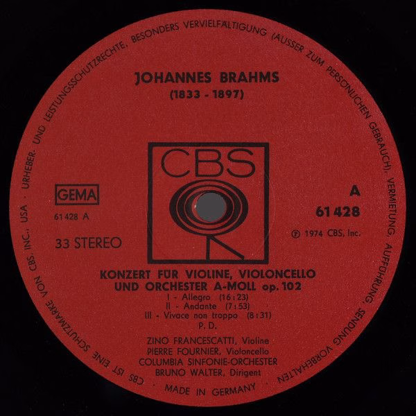 CBS 61 428 - Bruno Walter, Johannes Brahms, Columbia Symphony Or - Image 3