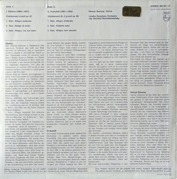 Philips 835 357 LY - Henryk Szeryng, Jean Sibelius, Sergei Proko - Image 2