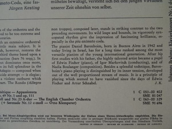 EMI Electrola 1C 063-00 357 - Johannes Brahms, Daniel Barenboim, - Image 3