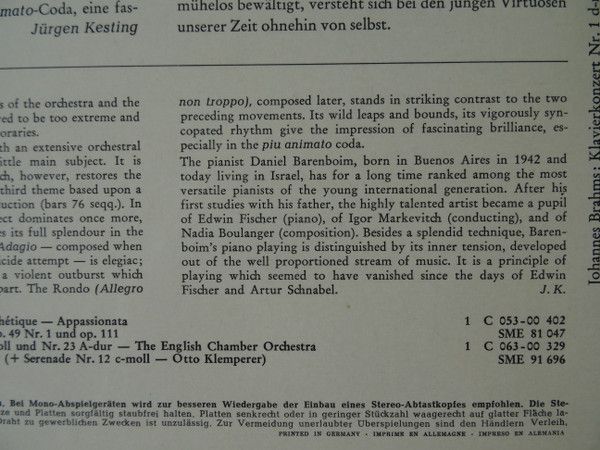 EMI Electrola 1C 063-00 357 - Johannes Brahms, Daniel Barenboim, - Image 3