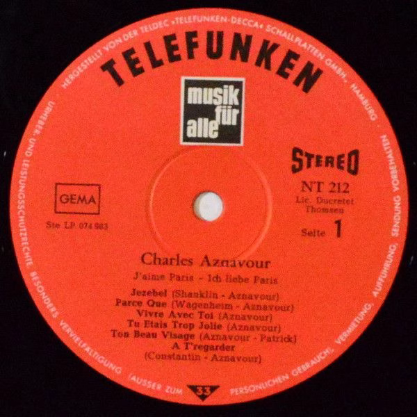 Telefunken NT 212 - Charles Aznavour - J'aime Paris     -     Ic - Image 3