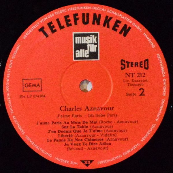 Telefunken NT 212 - Charles Aznavour - J'aime Paris     -     Ic - Image 4