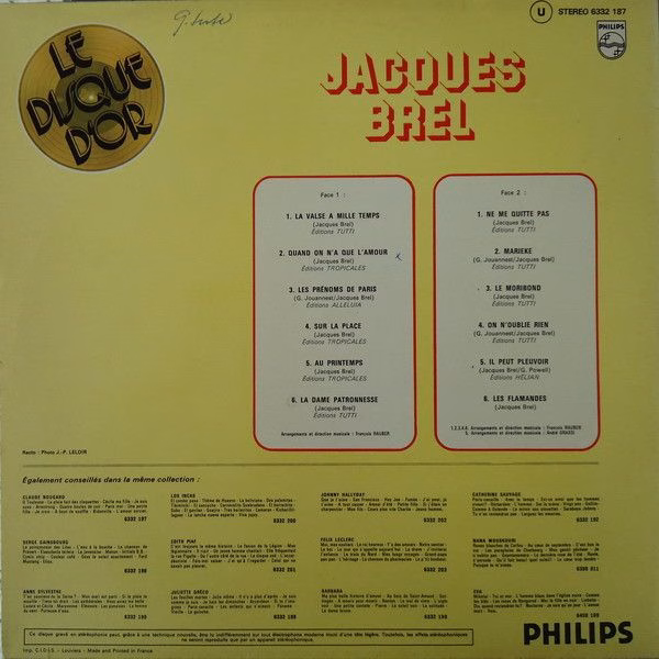 Philips 6332 187 - Jacques Brel - Le Disque D'Or - Image 2