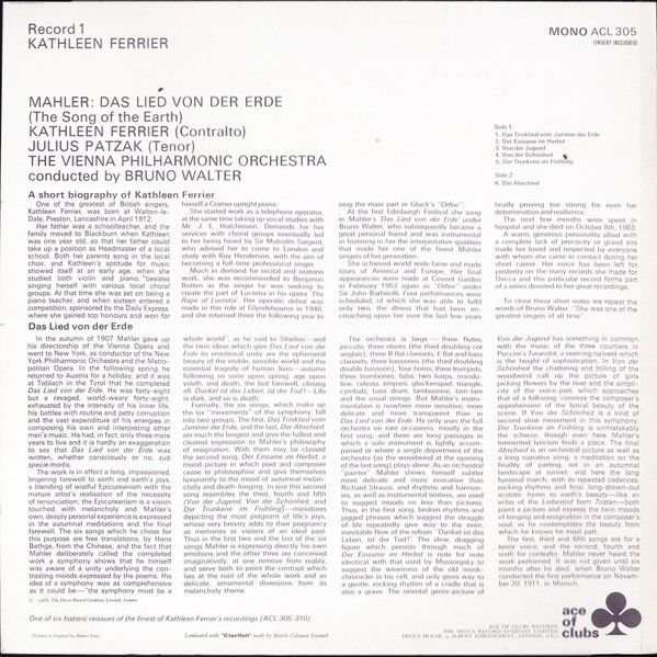 Ace Of Clubs ACL 305 - Gustav Mahler, Kathleen Ferrier, Julius P - Image 2