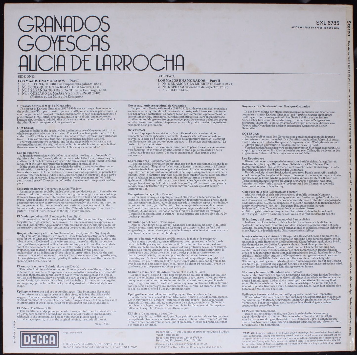 DECCA SXL 6785 - Enrique Granados, Alicia De Larrocha - Goyescas - Image 2