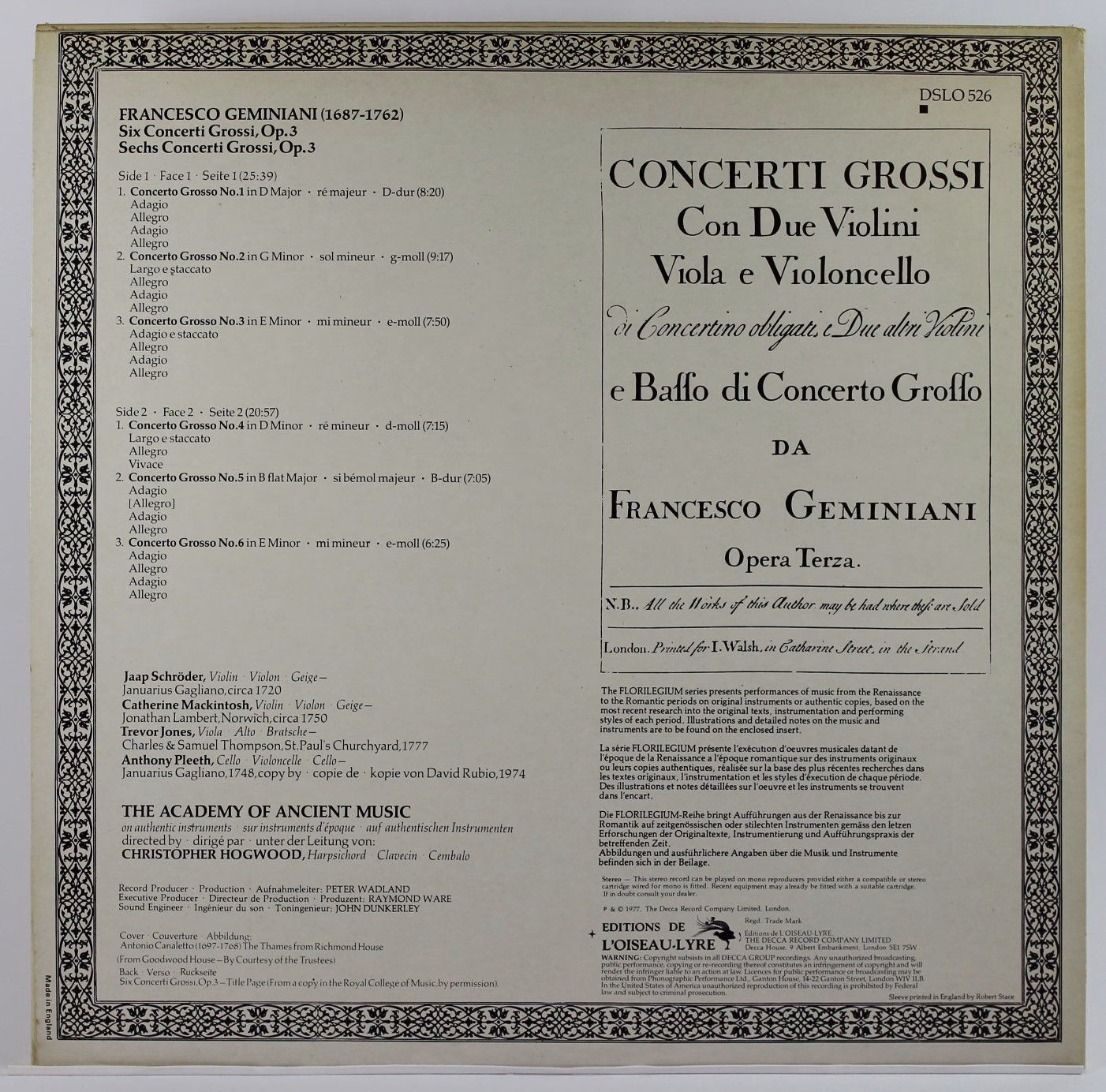 L'Oiseau-Lyre DSLO 526 - Francesco Geminiani, Jaap Schröder, The - Image 2