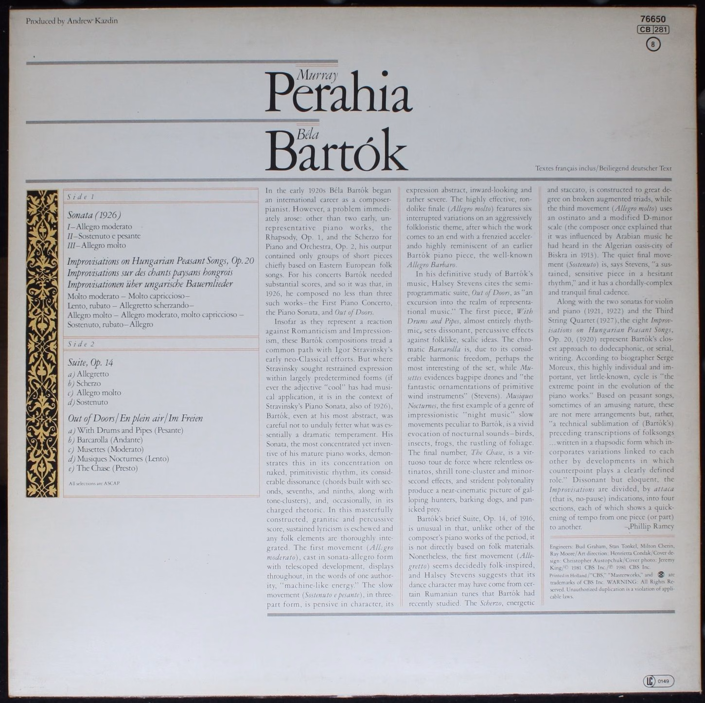 CBS Masterworks 76650 - Murray Perahia, Béla Bartók - Suite, Op. - Image 2
