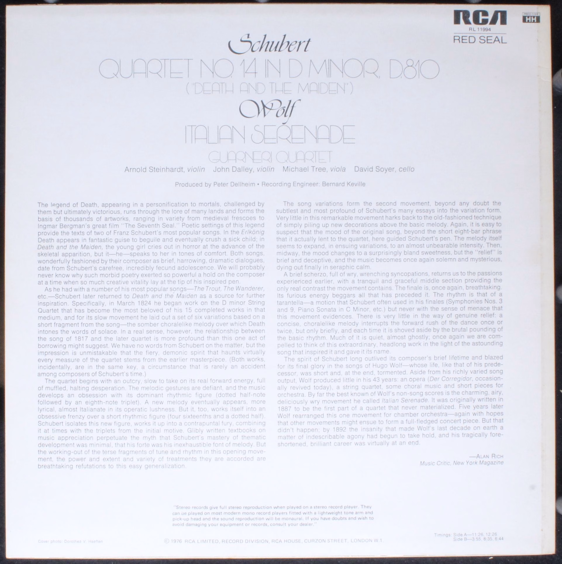 RCA Red Seal RL 11994 - Franz Schubert, Hugo Wolf, Guarneri Quar - Image 2