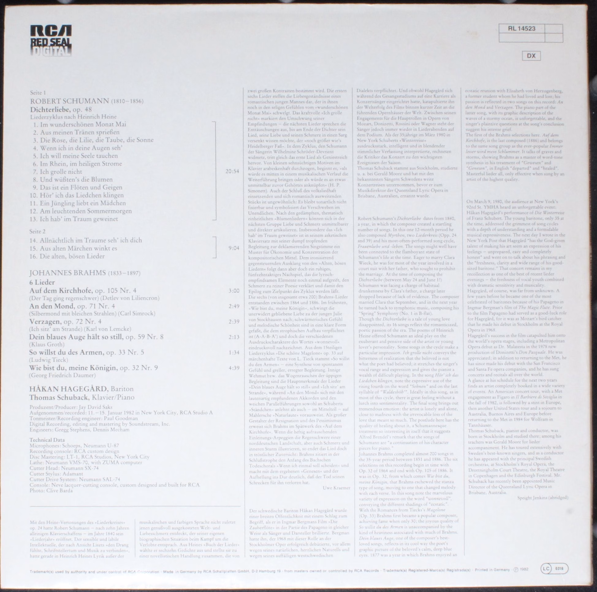 RCA Red Seal RL 14523 - Håkan Hagegård, Robert Schumann, Johanne - Image 2