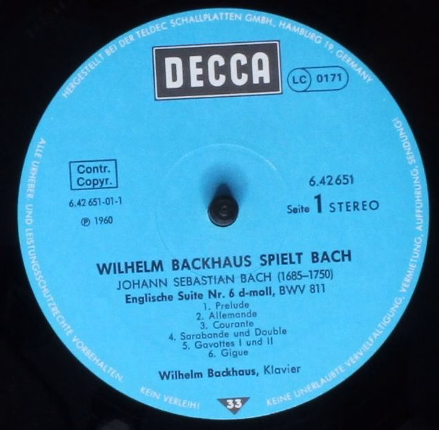 DECCA 6.42651 AH - Wilhelm Backhaus - Backhaus Spielt Bach - Image 3